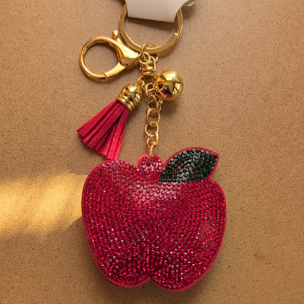 Sparkling Red Apple Keychain Bag Charm with Gold Details - Picture 4 of 6